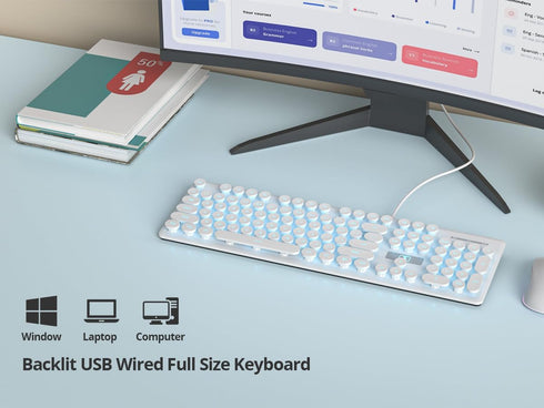 iRoboosta 104 Retro Typewriter White Keyboard Full Size, Keys LED Backlit Wired Membrane Keyboard with Number Pad