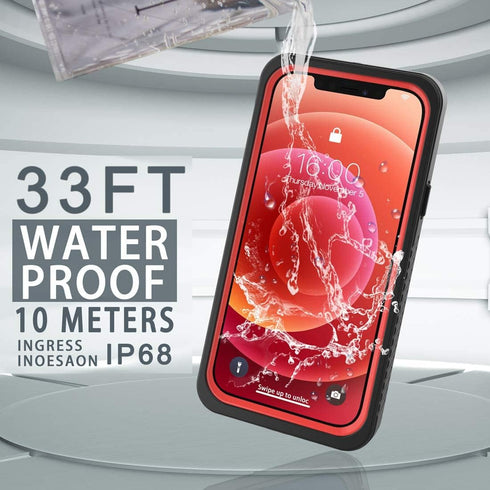 Waterproof Case for iPhone 12, Shockproof Dustproof IP68 Full-Body Hard Case with Built-in Screen Protector, Red