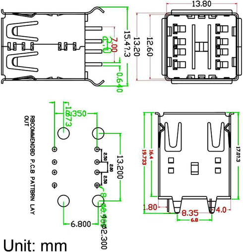 uxcell PCB USB Connector Type-A Dual Port Female Jack – Vertical Four Bend Foot, 5pcs