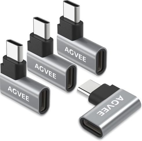 AGVEE 4 Pack USB-C Male to USB-C Female Adapter, 90 Degree Right Angled Type-C 3.2 Gen 2 Converter, Gray