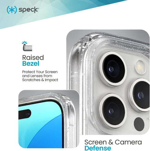 Speck 16 Clear iPhone Pro Case - Slim Phone Case - GemShell - Clear/Platinum Glitter