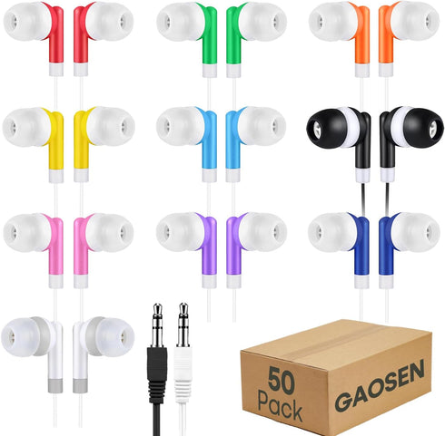 Gaosen 50 Pack Bulk Kids Earbuds for School Classroom, Multi Colored Student Wired