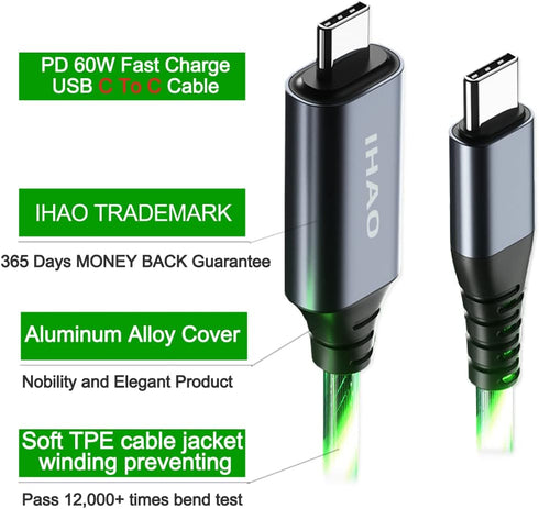 IHAO USB Type C to Type C PD 60W Fast Charging Cable, High Data Speed, LED Current Flowing, Green, 39 Inches