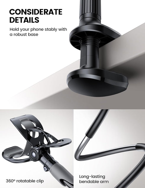 Lamicall Gooseneck Phone Holder - Flexible Long Arm Bedside Clip, Cell Phone Mount Clamp for 4-7" Phones, Black