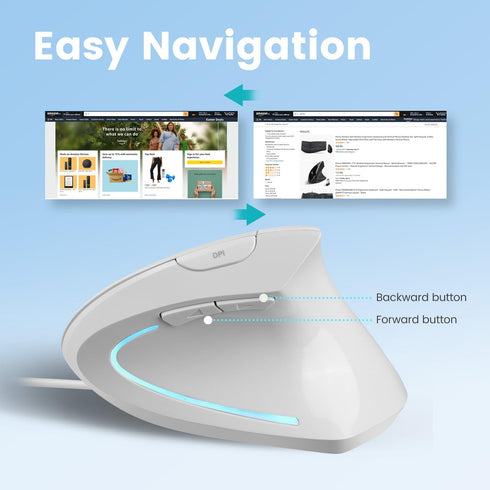 Perixx PERIMICE-513W Wired USB Mouse - Vertical Right-Handed Design - 6 Buttons, 1000/1600 DPI - White