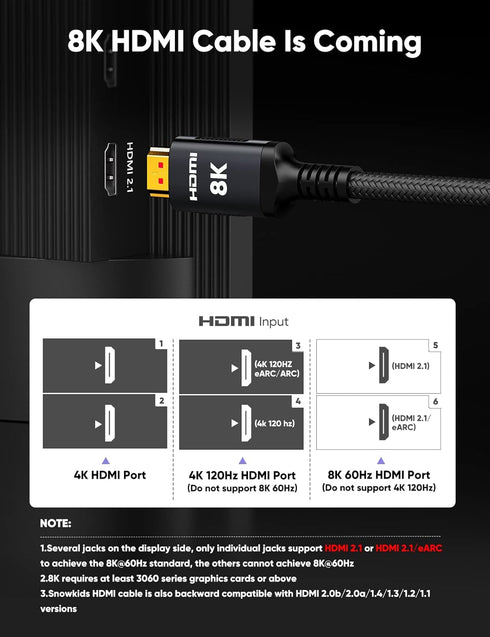 8K 30 48Gbps 10K 8K@60Hz, 4K@120Hz TV/PS-5/X-box/Projector/Sound Snowkids Long HDMI Cable ft, Non-Slip Nylon Braided