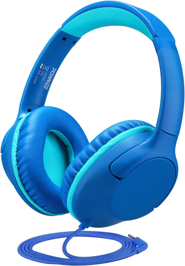 POWMEE P20 Kids Headphones for School, 94dB Volume Limited, 3.5mm Jack Wired Over-Ear for Fire Tablets/Travel/PC - Blue