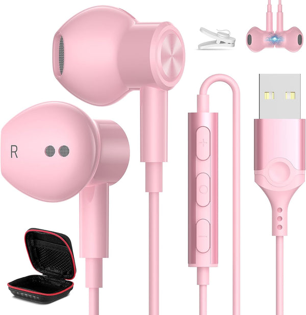 Wired USB Headphone for PC Laptop, 7.5ft Magnetic Earbuds with Microphone Control, Lightweight Noise Isolate