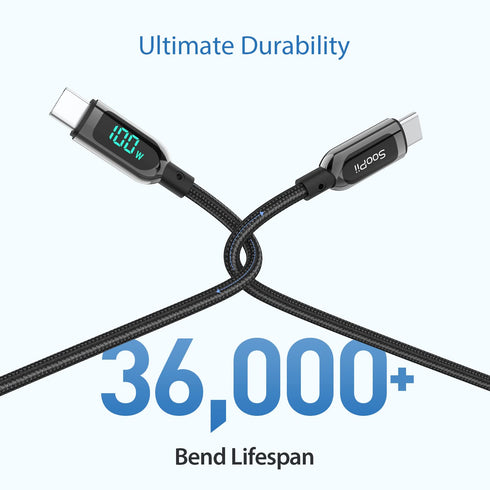 SOOPII 100W 1ft USB C to USB C Cable Fast Charge, Nylon Braided Cable with LED Display for iPhone 15/15 Pro/15 Plus/15
