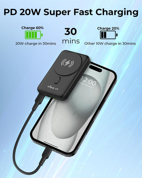 Vida IT 10000mAh Fast Wireless Portable Charger, Magnetic Power Bank for iPhone 15/14/13 Pro Max, Samsung Cell Phone,