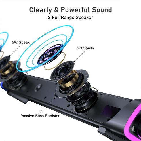 SOULION R30 Computer Speakers, USB Powered 3.5mm AUX Small PC Speakers, Colorful LED Lights with Switch Button, Surround Sound Portable Computer Sound Bar Speaker for Desktop Laptop Gray