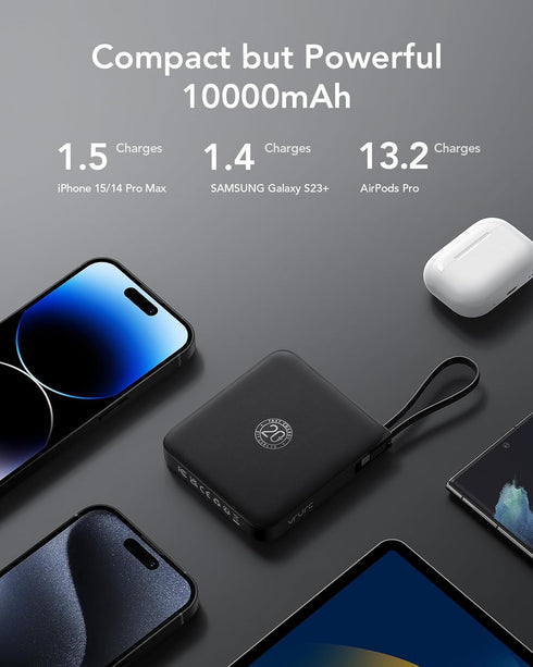 VRURC Portable Charger with Built-in Cable, 10000mAh 22.5W Fast Charging USB C Battery Pack for iPhone 15 14 Samsung