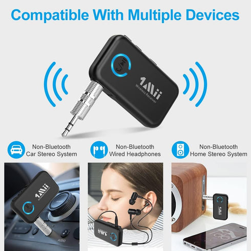 1Mii Bluetooth 5.0 Music Receiver for Car/Home Stereo, Aux Bluetooth Adapter with Volume Control, 16H Battery Life