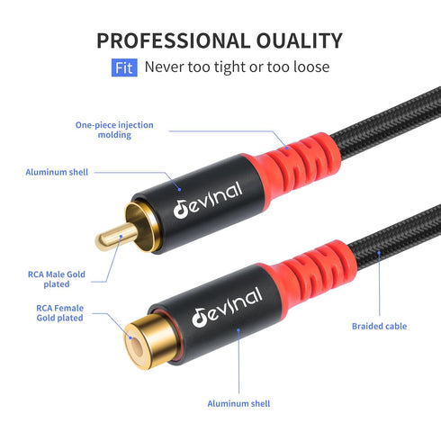 10ft/3m Devinal RCA Female to Male Extension Cable - Premium Audio Extender Cord for High Sound Quality & Durability