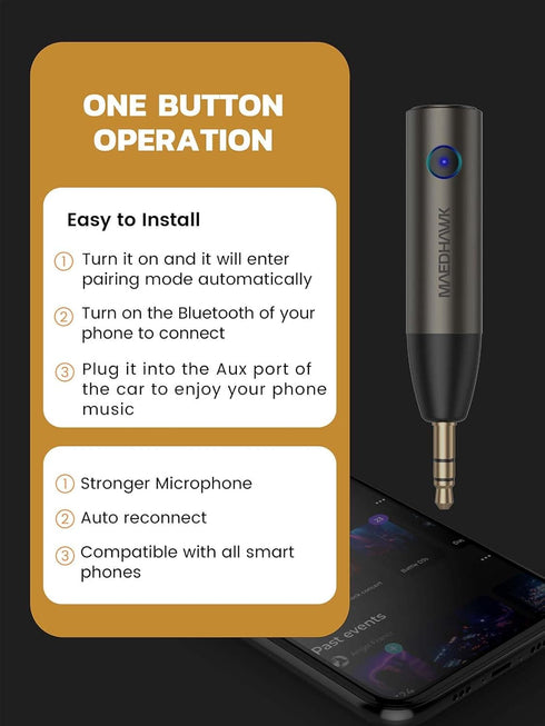 MaedHawk 5.3 Car Bluetooth Aux Adapter, 3.5mm Wireless Audio Receiver for Car Stereo, Hands-Free Calls, 1 Piece