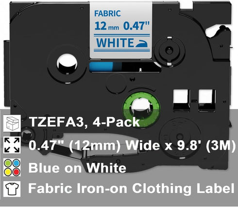 Fimax Compatible Fabric Iron-on Clothing Label for Brother P Touch Fabric Tape TZe-FA3, Navy Blue on White, 4PK