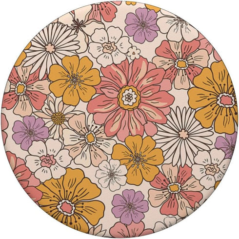 Retro Flowers Meadow Floral Groovy 70s PopSockets Adhesive PopGrip, Peach Orange Pink