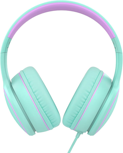 RORSOU R10 On-Ear Headphones with Microphone • Lightweight Folding Stereo Bass Headphones • with 1.5M No-Tangle Cord • Portable Wired Headphones • for Smartphone Tablet Computer • Green/Purple