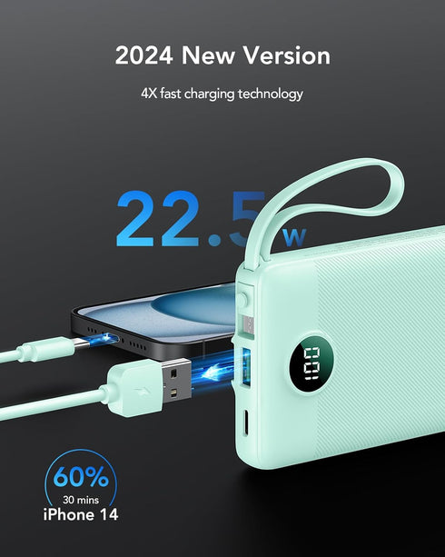 VRURC Portable Charger - 22.5W Fast Charging Power Bank USB C, 10000mAh, Built-in Cable, LED Display
