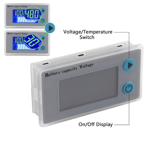 10-100V Battery Monitor LCD, 12V 24V 36V 48V Digital Capacity Voltmeter Tester with Cable