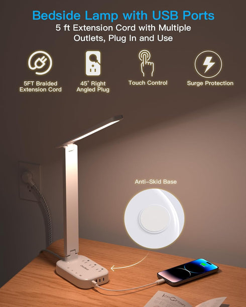 Power Strip with LED Desk Lamp, 3 Outlets and 4 USB Ports, 5 Level Touch Lamp for Home Office and Study Reading Light.