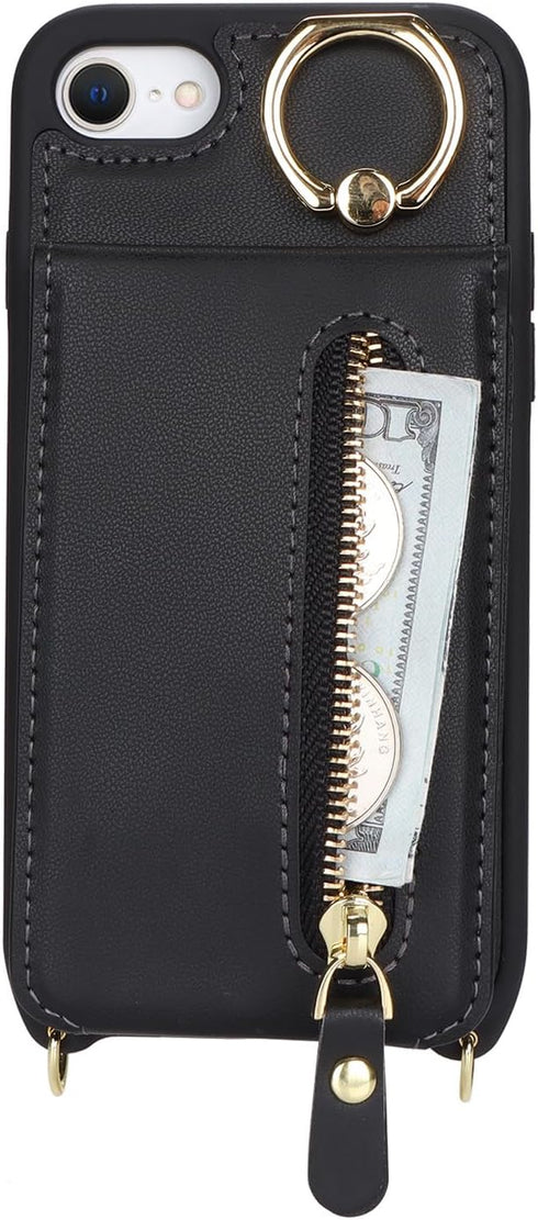 iPhone 7 8 SE (2020) Case with Card Holder, Wallet with Strap, Credit Card Slots Crossbody, Kickstand Zipper Case -