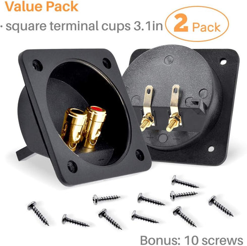 Kalevel 2pcs Speaker Box Terminal Cup Square 3.1in Push Spring Double Binding Post Connector Box with Screws