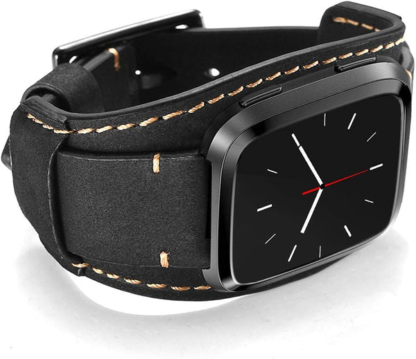 Genuine Leather Cuff Bracelet Replacement Strap for Fitbit Versa Bands - Stainless Steel Buckle for Men Women (Black)