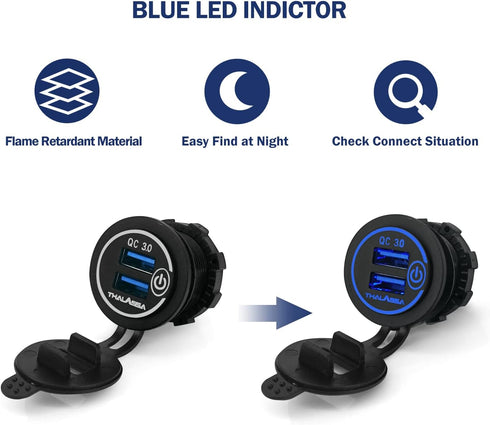 12V/24V 3.0 Dual USB Charger Socket with Touch Switch, Waterproof QC3.0 Fast Charger for Marine, Boat, Motorcycle