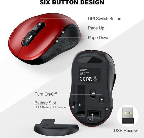 WisFox 2.4G Wireless Mouse for Laptop, Ergonomic Computer Mouse with USB Receiver and Type-C Adapter, Red