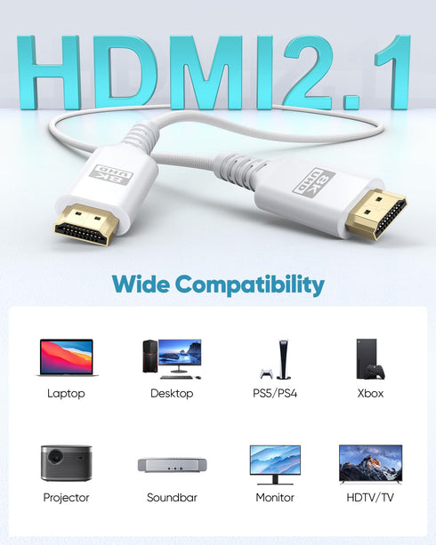 8K 6.6FT/2M, 48Gbps 2.1 8K@60Hz, 4K@120Hz, HDR10+, Dolby, 3D, HDCP2.3 Laptop/Monitor/HDTV/Soundbar/Blu-ray/PS5/Xbox