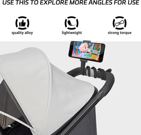 Portable Cell Phone Holder for Stroller, Non-Slip Flexible Arm Phone Mount, Stroller Accessories for Treadmill, Spin