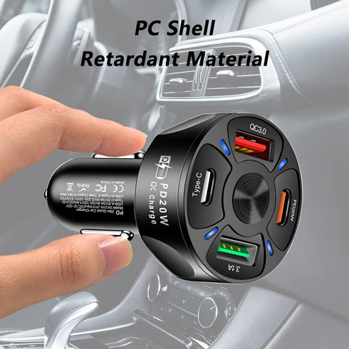 65W 4 Ports Car Fast Charging Charger with QC 3.0 15W & PD 20W for iPhone 14 13 12 Pro Max, S22 S21