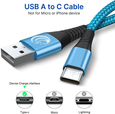 3-Pack USB C Cable 6FT 3A Fast Charging Nylon Charger for Samsung Galaxy S24 S23 S22 S21 S20 A11 A12 A13 A14 A15, LG,