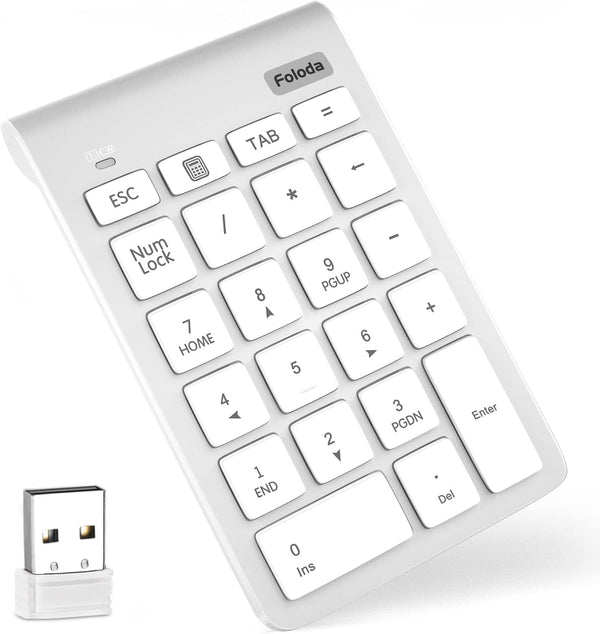 Foloda Wireless Number Pad, Portable 2.4Ghz USB 10 Keys Financial Accounting Numeric Keypad for Laptop, PC