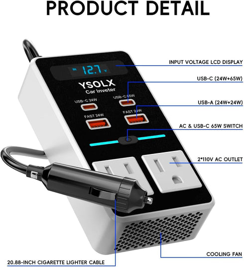 YSOLX 200W Car Power Inverter, 12V to 110V AC Plug with 65W USB-C/48W Dual Fast Charging, Car Charger
