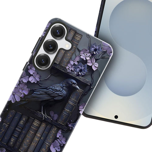 TnXee S25 2 1 Case for Samsung Galaxy Plus,Purple Floral Crow Bookshelf Phone Case Drop Resistant Glossy in Solid