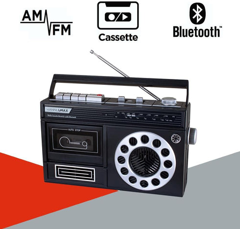 HANNLOMAX HX-601K Portable Bluetooth AM/FM Radio Cassette Recorder, Records from Built-in Mic or Radio, AC/DC (Black)