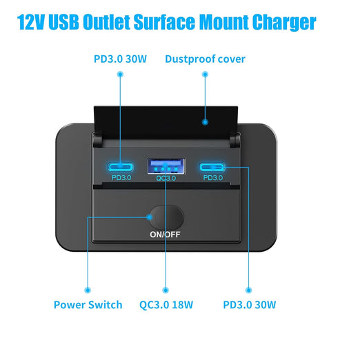 78W 12V USB Outlet Surface Mount Dual USB C 30W & QC 3.0 18W Car USB Port, 12 Volt Charger Socket Panel