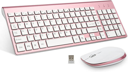 FENIFOX Wireless Keyboard and Mouse, Full-Size Compact, Whisper-Quiet, Compatible with Mac PC Laptop, Rose Gold Pink