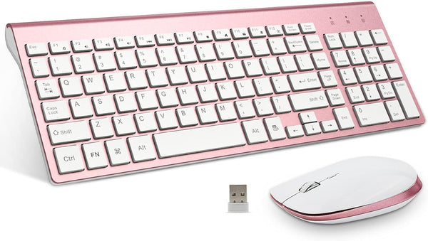 FENIFOX Wireless Keyboard and Mouse, Full-Size Compact, Whisper-Quiet, Compatible with Mac PC Laptop, Rose Gold Pink