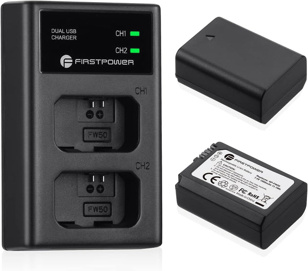 FirstPower NP-FW50 Battery 2-Pack with USB Dual Charger for Sony A6000 A6300 A6400 A6500 A7 A7II A7RII A7SII Cameras
