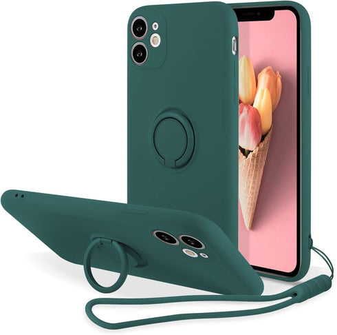 UEEBAI Slim Liquid Silicone Case for iPhone 11 (6.1 inch) - Dark Green with 360 Rotatable Ring Holder & Kickstand