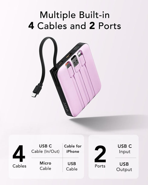 VRURC Portable Charger with Built-in Cable, 10000mAh Power Bank, 22.5W/PD20W Fast Charging USB C Battery Pack with LED