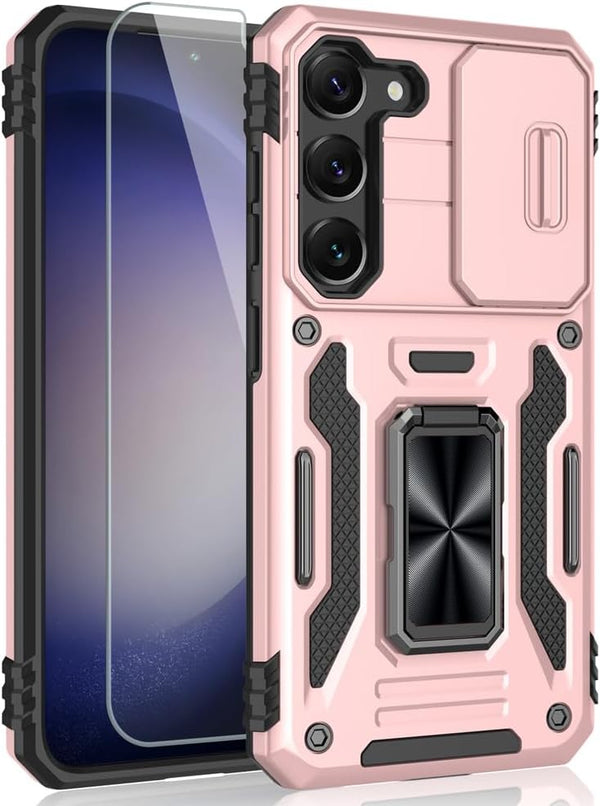 for Samsung Galaxy S23 Plus Case, Shockproof Phone Case with Sliding Camera Cover & Rotatable Ring Holder Kickstand +