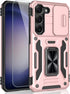 Shockproof Phone Case for Samsung Galaxy S23 with Sliding Camera Cover & Rotatable Ring Holder Kickstand + Tempered