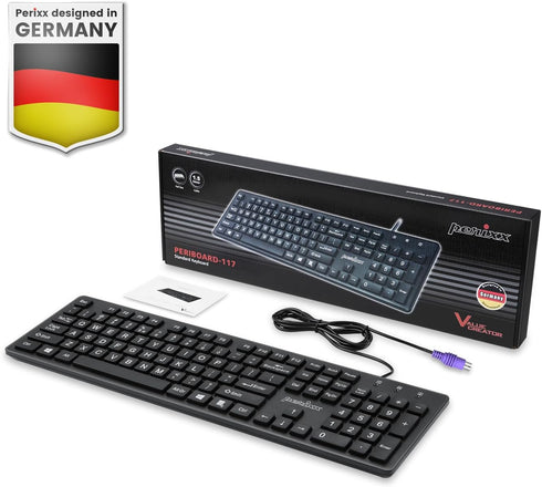 Perixx PERIBOARD-117P Wired PS2 Full Size Keyboard, Big Print Letters, Black, US English