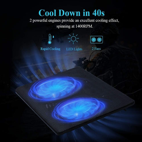 Laptop Cooling Pad with 2 Large Fans, 2-in-1 USB Port, Blue LED Light, Adjustable Stand, Compatible with 14-15-Inch Laptops, Lightweight, Quiet, Slim, Portable