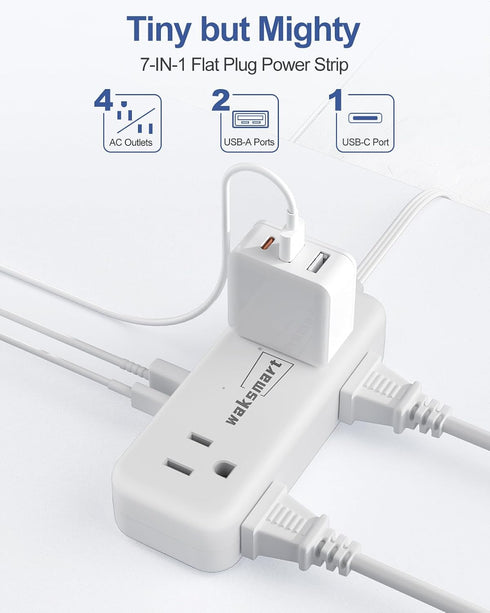 Waksmart PD20W -3 4 3 Flat Plug Power Strip Ft Flat Plug Extension Cord with AC Outlets Quick Charging USB Ports, Flat