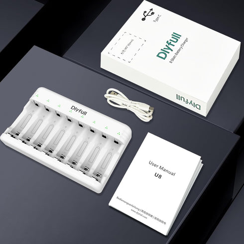 Dlyfull 8 Bay AA AAA Battery Charger with USB-C High-Speed Charging, Independent Slot for 1.2V Ni-MH Ni-CD Rechargeable
